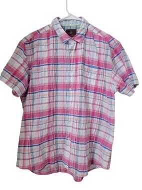 Tattersall London Size XL Blue, Pink, White & Peach Plaid Seersucker Shirt